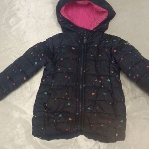 OshKosh B'gosh Black Puffer Jacket with Pink Lining and Multi-Color Heart Print